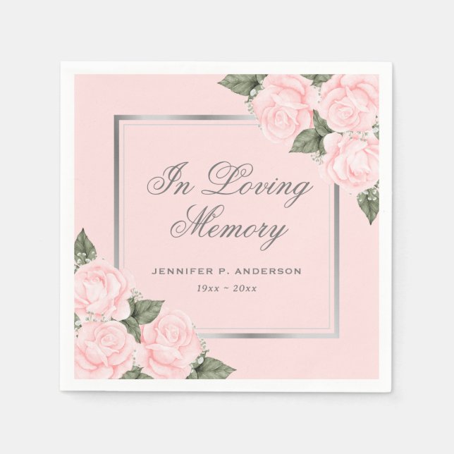 Pink Silver Floral Memorial Funeral Napkin (Front)