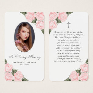 Pink Silver Floral Memorial Funeral Prayer Card