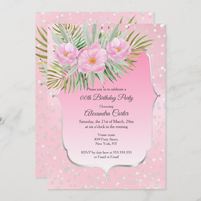 Pink Silver Floral Pretty Birthday Party Invitation (Front/Back)