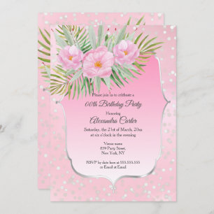 Pink Silver Floral Pretty Birthday Party Invitation