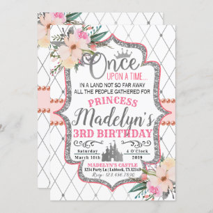 Pink Silver Floral Princess Birthday Invitation