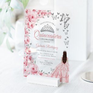 Pink Silver Floral Quinceanera Acrylic Invitations