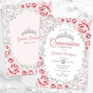 Pink Silver Floral Quinceanera Invitation