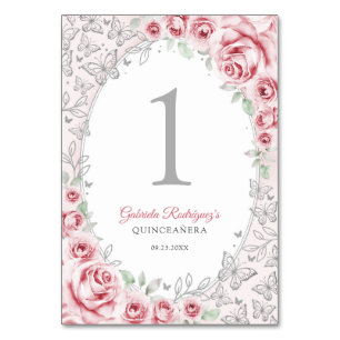 Pink Silver Floral Quinceanera Table Number