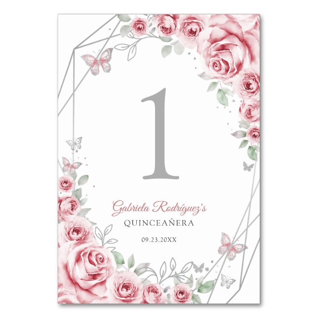 Pink Silver Floral Quinceanera Table Number (Front)