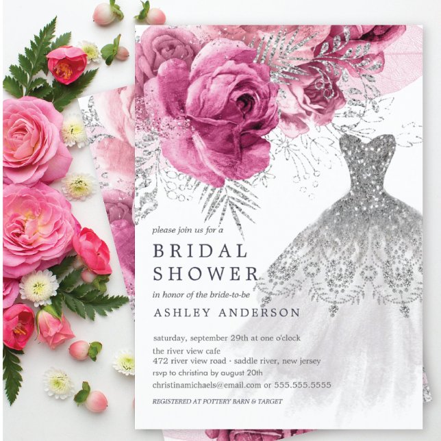 Pink & Silver Floral Wedding Dress Bridal Shower Invitation (Creator Uploaded)