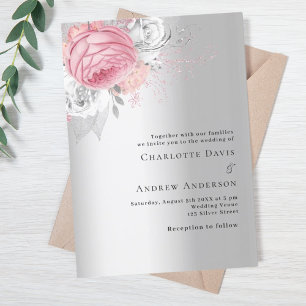 Pink silver florals elegant wedding invitation