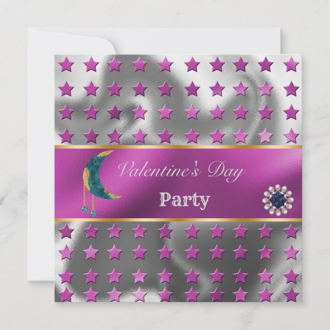 PInk Silver Foil Gold Glitter Blue Moon Valentine Invitation (Front)