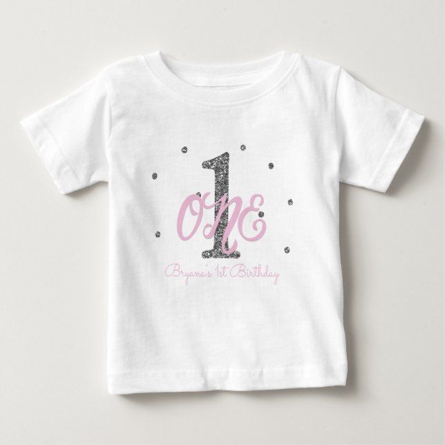 Pink & Silver Girls ONE 1st Birthday Party Custom Baby T-Shirt (Front)