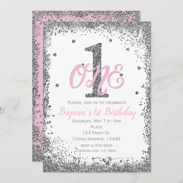 Pink & Silver Girls ONE 1st Birthday Party Invitation (Front/Back)
