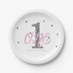 Pink & Silver Girls ONE 1st Birthday Party Paper Plate