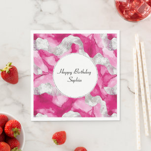 Pink Silver Glam Abstract Birthday Napkin