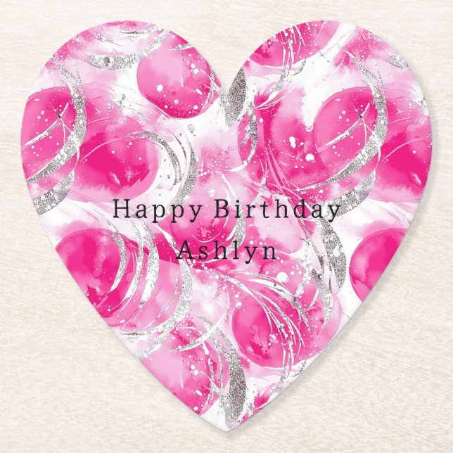Pink Silver Glam Abstract Circles Birthday Paper Coaster (Front)