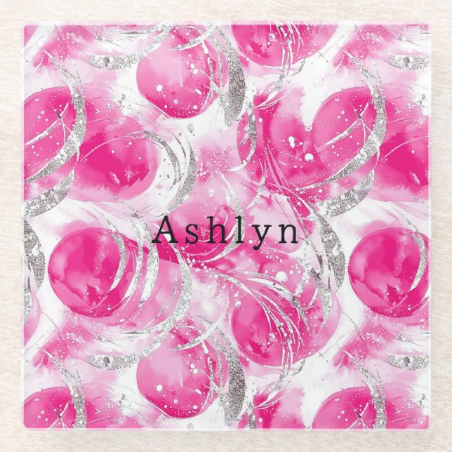Pink Silver Glam Abstract Circles  Glass Coaster (Front)