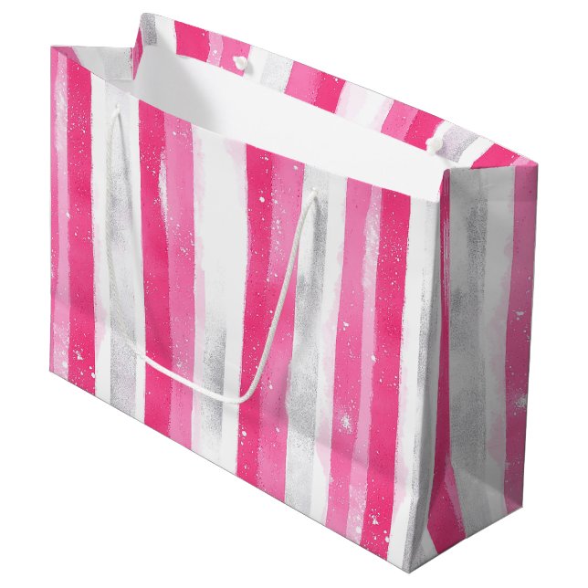Pink Silver Glam Abstract Stripes Birthday Large Gift Bag (Front Angled)