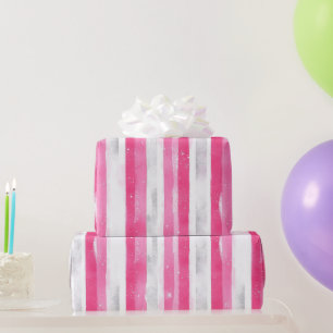 Pink Silver Glam Abstract Stripes Birthday Wrapping Paper