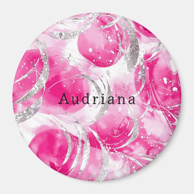 Pink Silver Glam Circles birthday Magnet (Front)