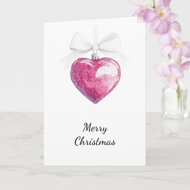 Pink Silver Glam Heart Ornament Christmas  Card (Orchid)
