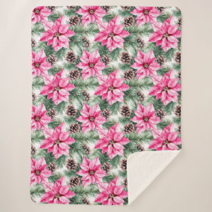 Pink Silver Glam Poinsettia Flowers Christmas Sherpa Blanket