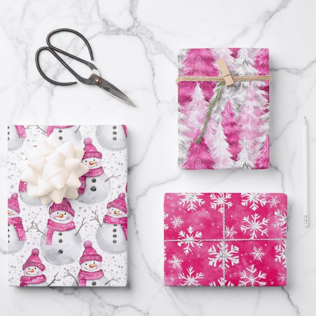 Pink Silver Glam Snowflakes Christmas Tree Snowman Wrapping Paper Sheet (Front)