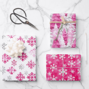 Pink Silver Glam Snowflakes Christmas Trees Wrapping Paper Sheet