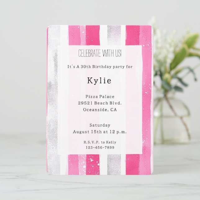 Pink Silver Glam Stripes Birthday   Invitation (Standing Front)