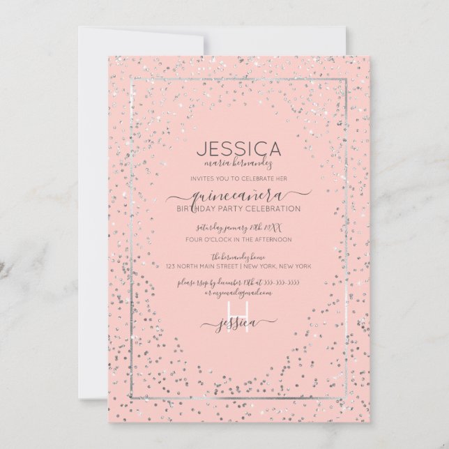 Pink Silver Glitter Confetti Border Quinceañera Invitation (Front)