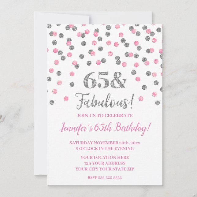 Pink Silver Glitter Confetti Cheers to 65 Years Invitation (Back)