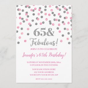 Pink Silver Glitter Confetti Cheers to 65 Years Invitation