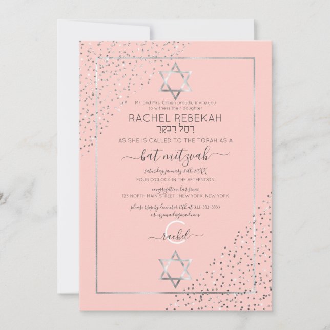 Pink Silver Glitter Confetti Corners Bat Mitzvah Invitation (Front)