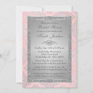 Pink, Silver Glitter Damask Bridal Shower Invite