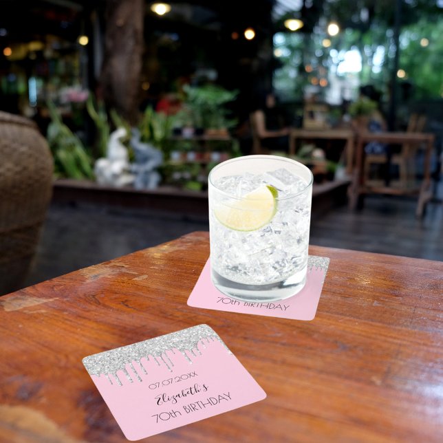 Pink silver glitter drips name birthday square paper coaster (Creator Uploaded)