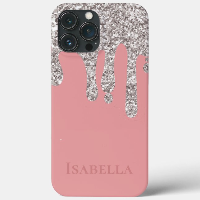 Pink Silver Glitter Drips Personalised Monogram  Case-Mate iPhone Case (Back)