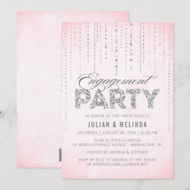 Pink & Silver Glitter Engagement Party Invitation (Front/Back)