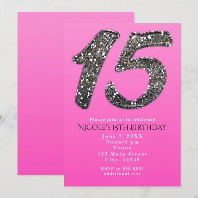 Pink & Silver Glitter FIFTEEN 15 Party Invitations (Front/Back)