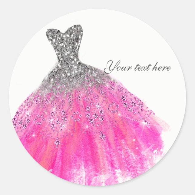 Pink & Silver Glitter Glam Dress Bridal Shower Classic Round Sticker (Front)