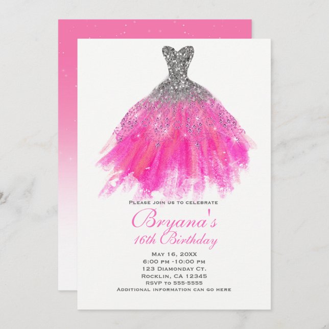 Pink & Silver Glitter Glam Dress Sweet 16 Party Invitation (Front/Back)