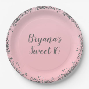 Pink Silver Glitter Glam Edge Sweet 16 Party Paper Plate