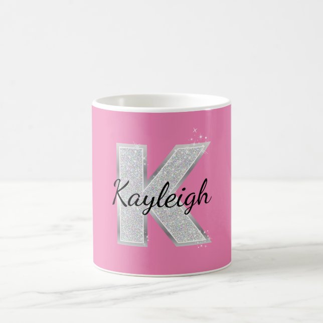 Pink Silver Glitter letter K Coffee Mug (Center)