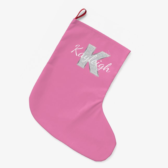 Pink Silver Glitter letter K Large Christmas Stocking (Front (Hanging))