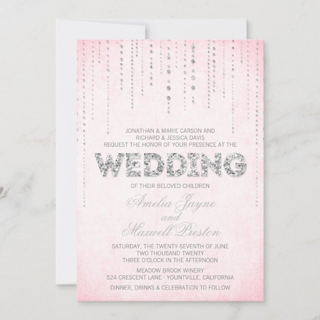 Pink & Silver Glitter Look Wedding Invitation (Front)