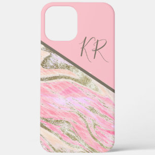 Pink Silver Glitter Marble Pattern Monogrammed iPhone 12 Pro Max Case