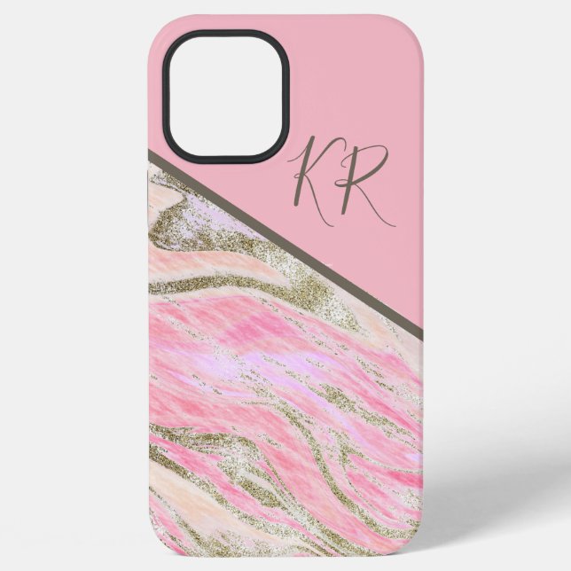 Pink Silver Glitter Marble Pattern Monogrammed iPhone Case (Back)
