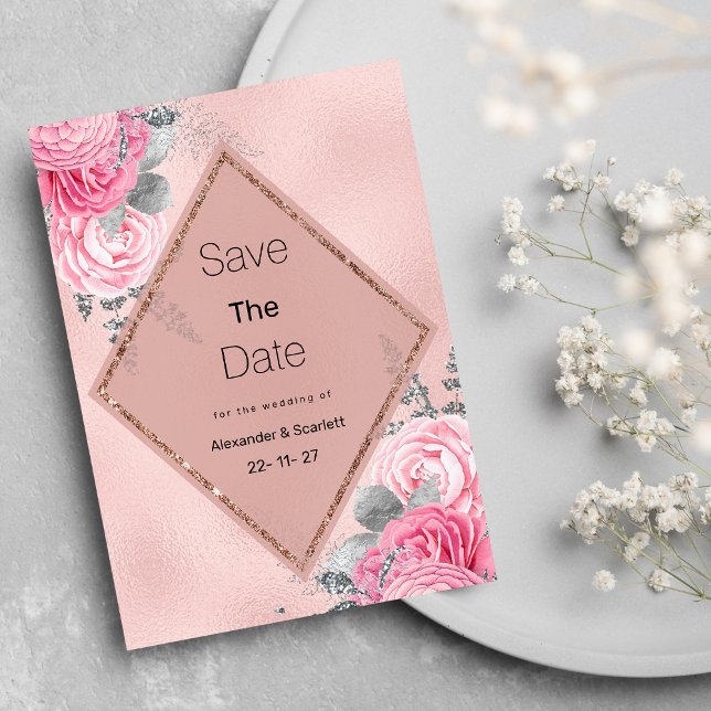 Pink silver glitter peony floral Save The Date Invitation (Pink silver glitter peony floral Save The Date )