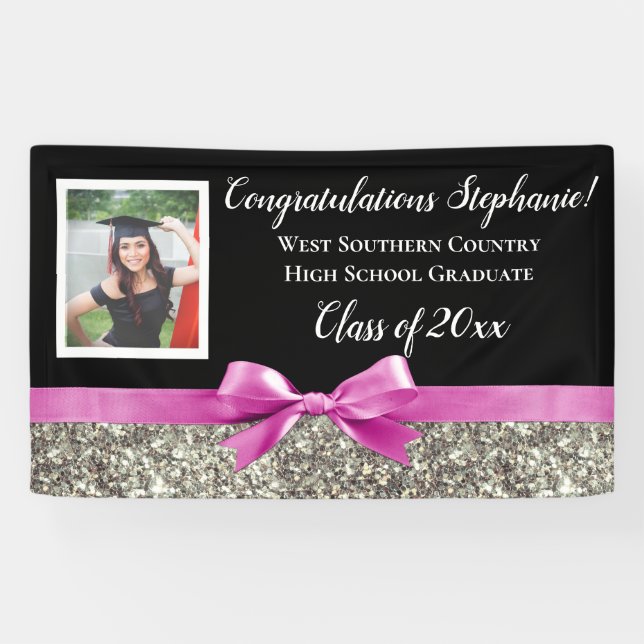 Pink Silver Glitter Photo Graduation Banner Sign (Horizontal)
