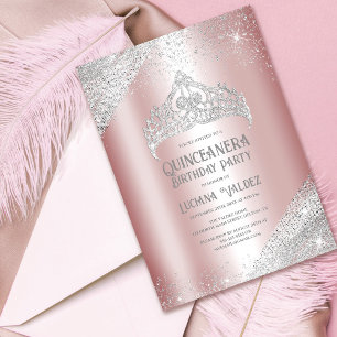 Pink Silver Glitter Princess Tiara Quinceañera Invitation