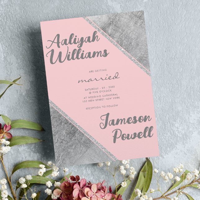 Pink silver glitter script calligraphy wedding invitation (Pink silver glitter script calligraphy wedding)