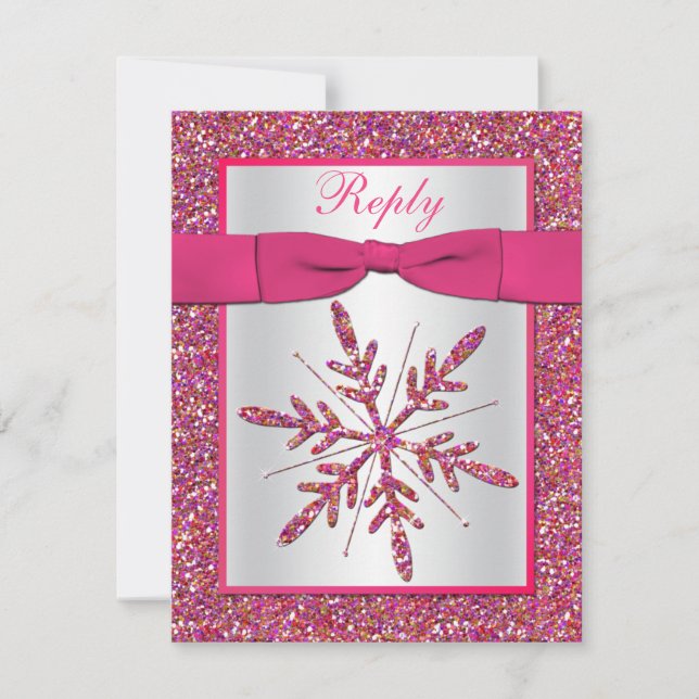 Pink, Silver Glitter Snowflake RSVP Card (Front)