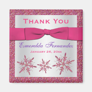 Pink, Silver Glitter Snowflakes Party Favour Magnet