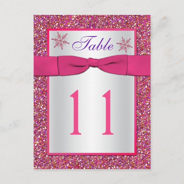 Pink, Silver Glitter Snowflakes Table Number Card (Front)